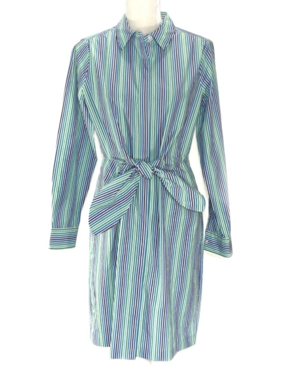 NWT Calvin Klein 100% Cotton Blue/Green/White Striped Tie-Waist Shirt Dress